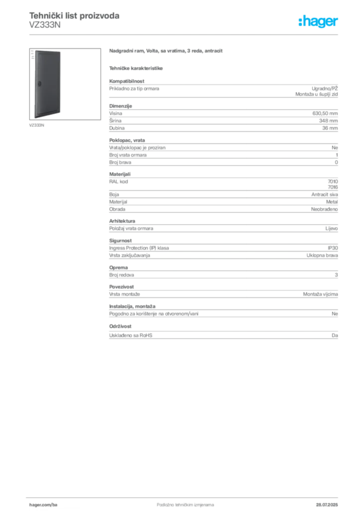 Slika Hager Product data sheet VZ333N  | Hager
