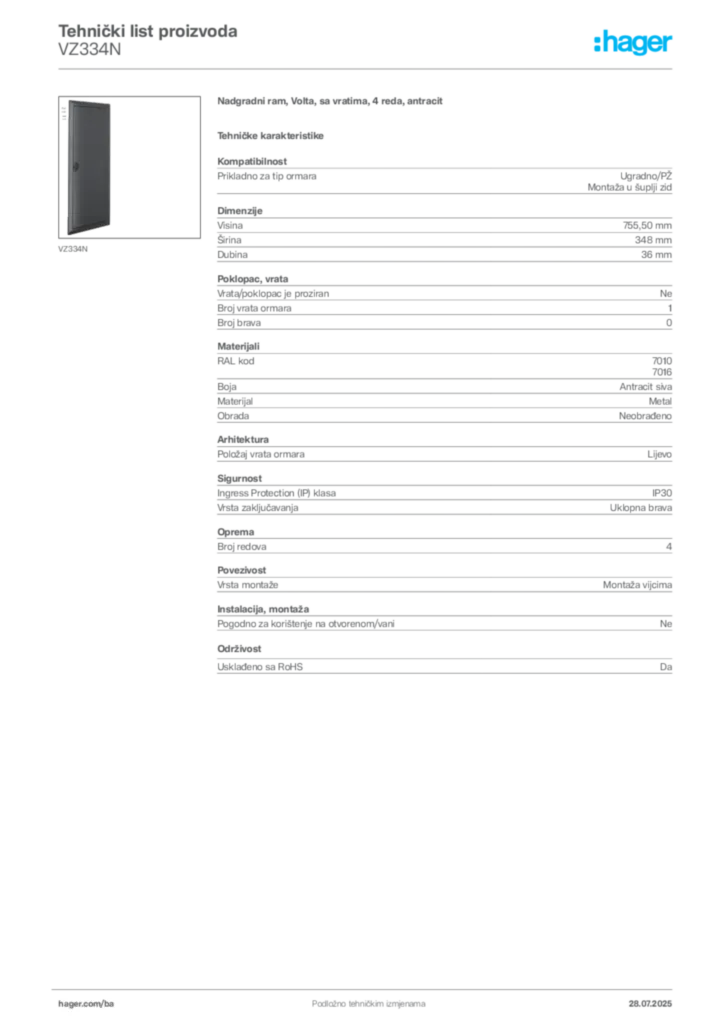 Slika Hager Product data sheet VZ334N  | Hager