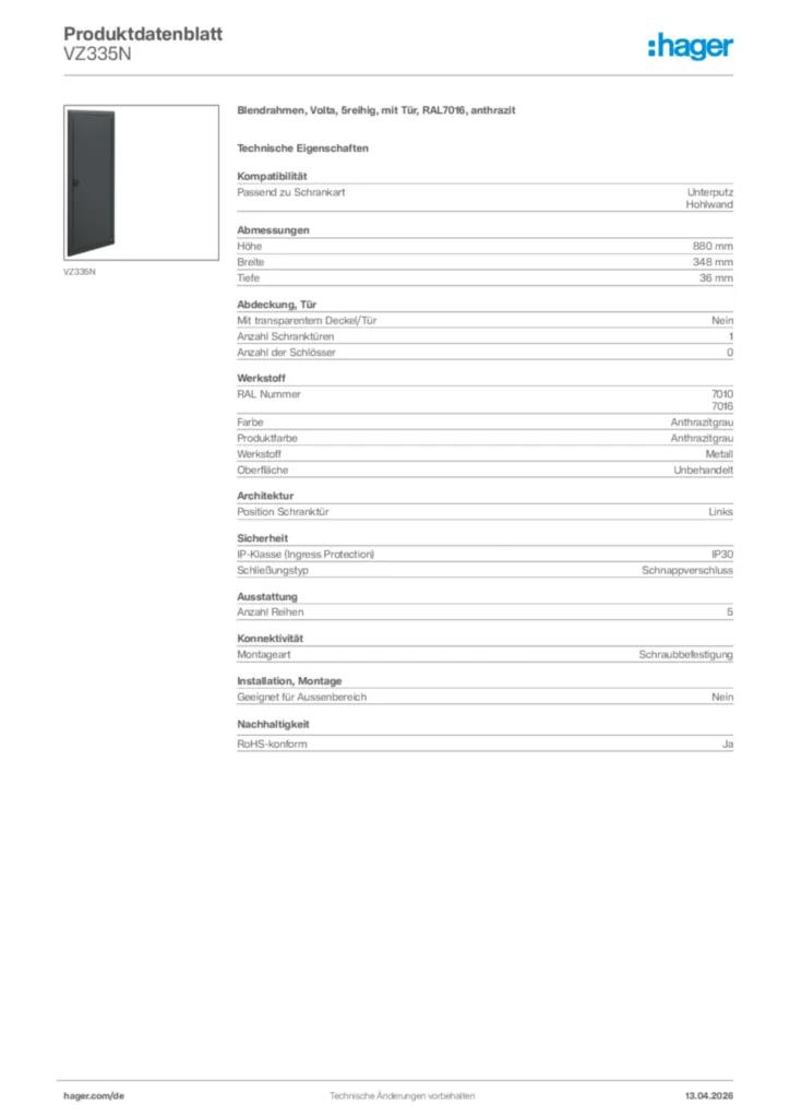 Bild Hager Produktdatenblatt VZ335N | Hager Deutschland