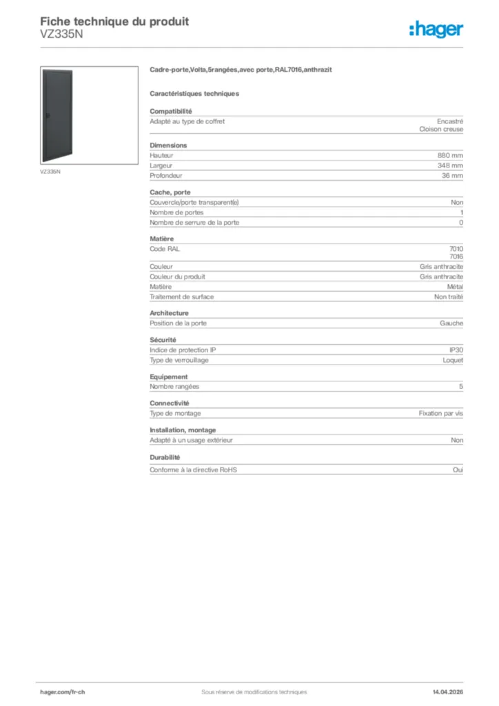 Image Hager Fiche technique du produit VZ335N | Hager Suisse