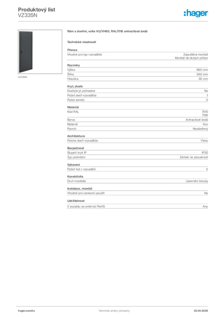 Obrázek Hager Product data sheet VZ335N | Hager