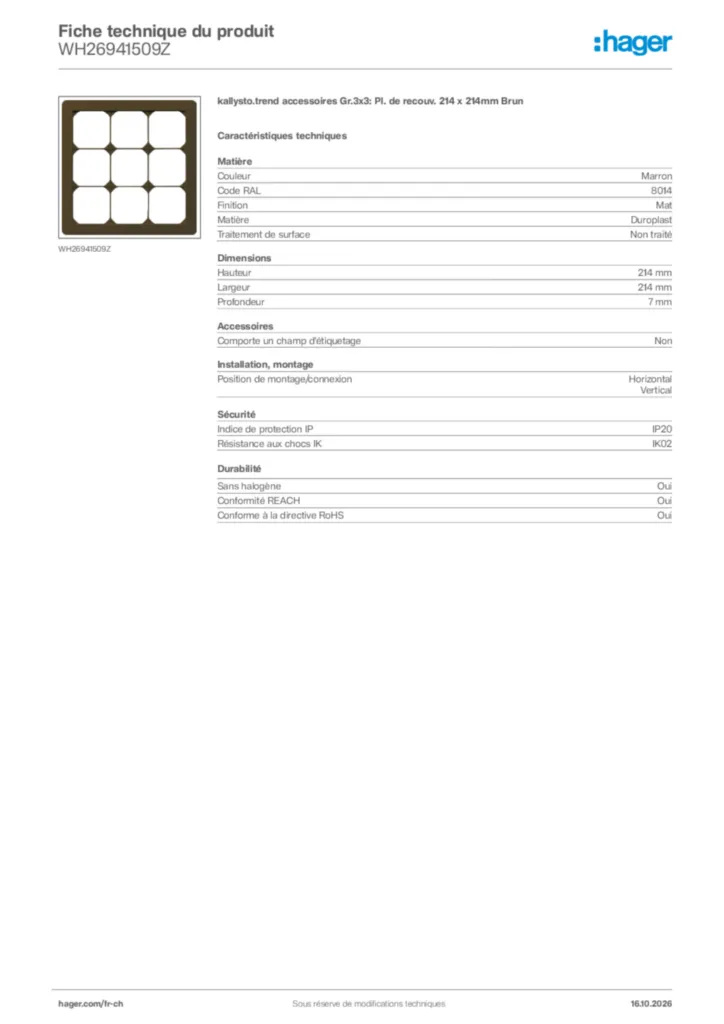 Image Hager Fiche technique du produit WH26941509Z | Hager Suisse