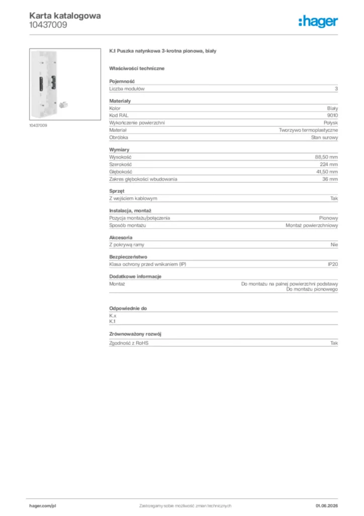 Zdjęcie Hager Karta katalogowa 10437009 | Hager Polska