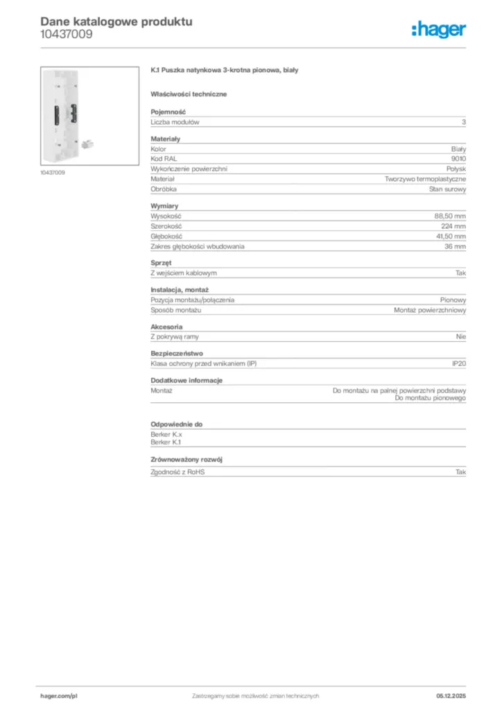 Zdjęcie Hager Karta katalogowa 10437009 | Hager Polska