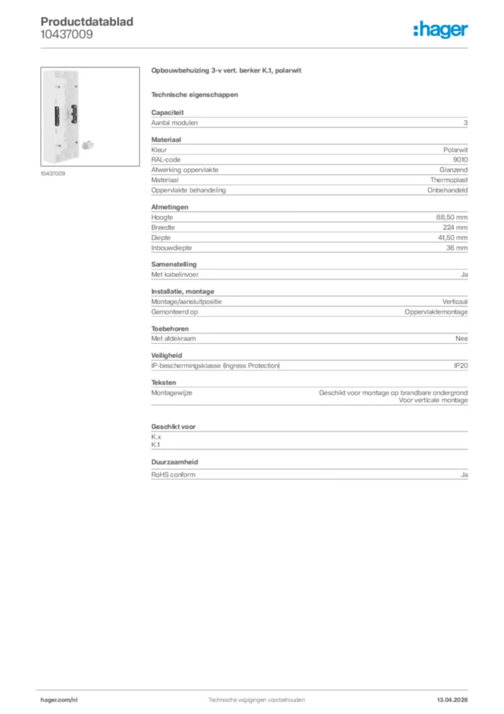 Afbeelding Hager Productdatablad 10437009 | Hager Nederland