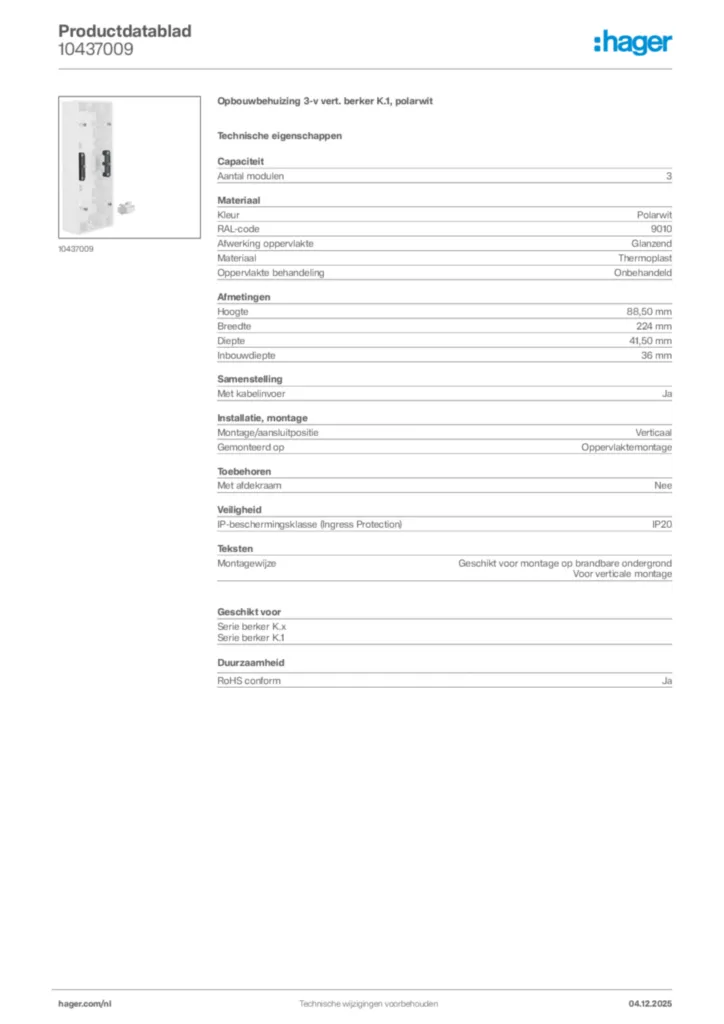 Afbeelding Hager Productdatablad 10437009 | Hager Nederland