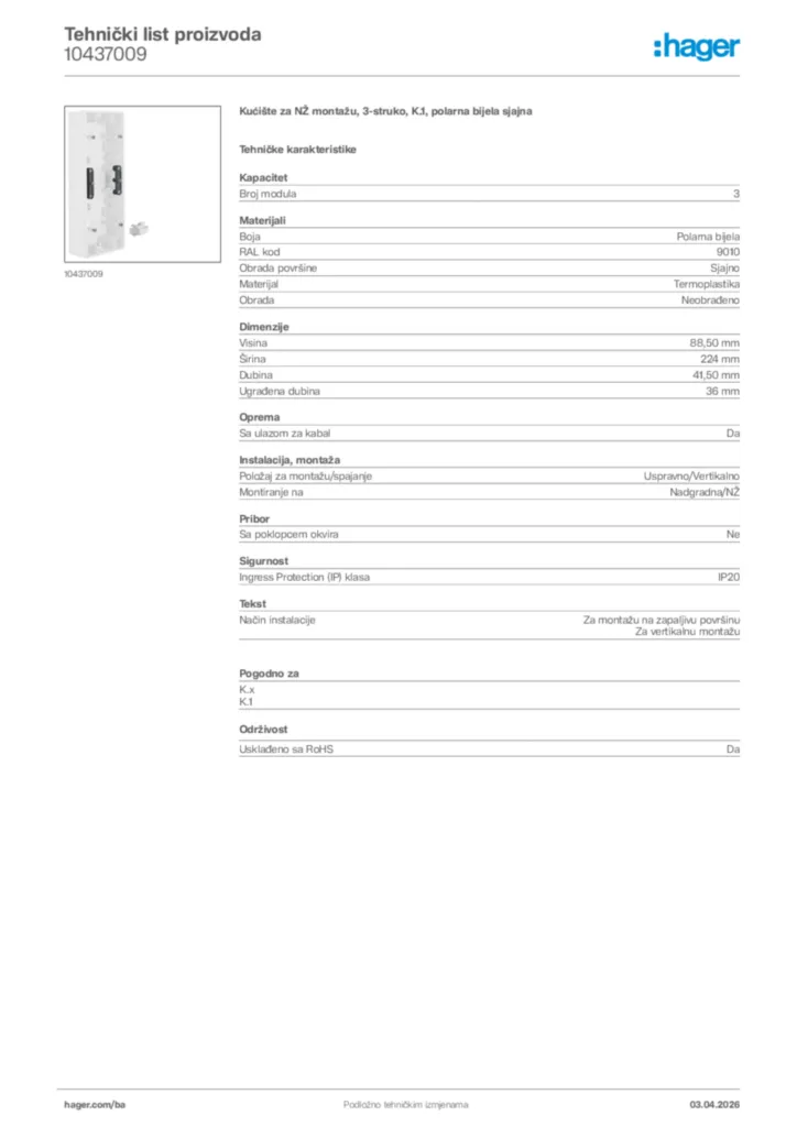 Slika Hager Tehnički list proizvoda 10437009  | Hager