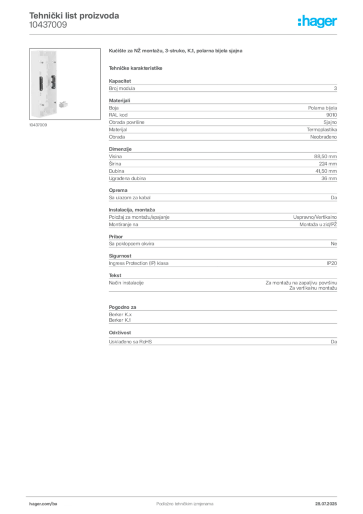 Slika Hager Product data sheet 10437009  | Hager