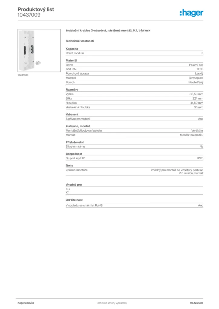 Obrázek Hager Product data sheet 10437009 | Hager