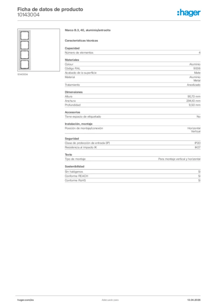 Imagen Hager Ficha de datos de producto 10143004 | Hager España