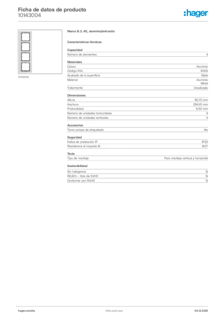 Imagen Hager Ficha de datos de producto 10143004 | Hager España