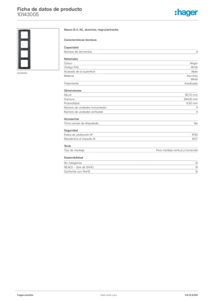 Imagen Hager Ficha de datos de producto 10143005 | Hager España