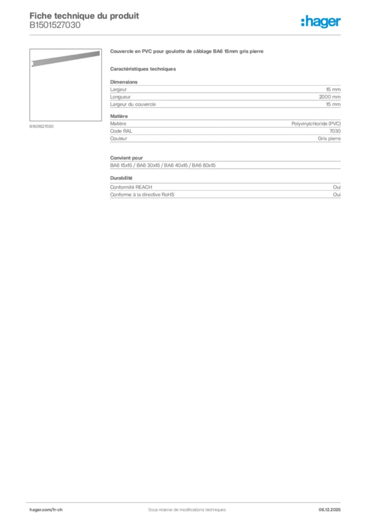Image Hager Fiche technique du produit B1501527030 | Hager Suisse