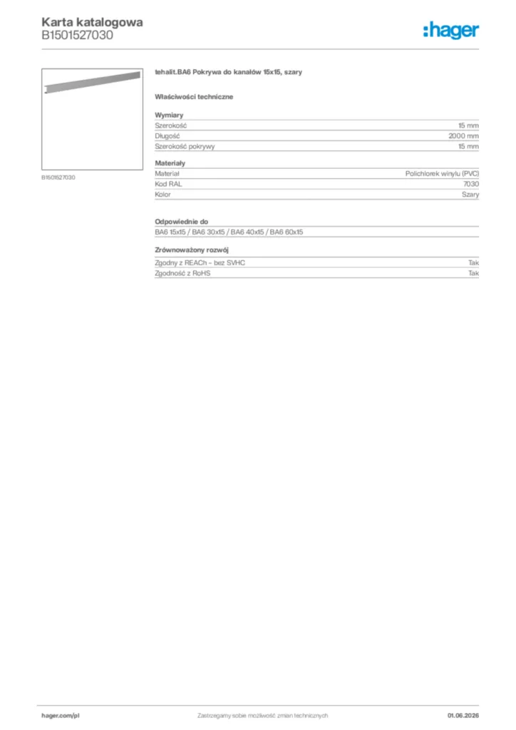 Zdjęcie Hager Karta katalogowa B1501527030 | Hager Polska
