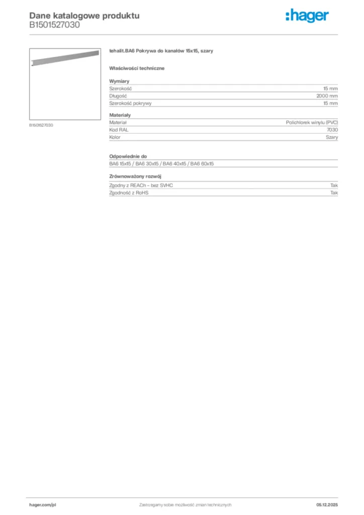 Zdjęcie Hager Karta katalogowa B1501527030 | Hager Polska