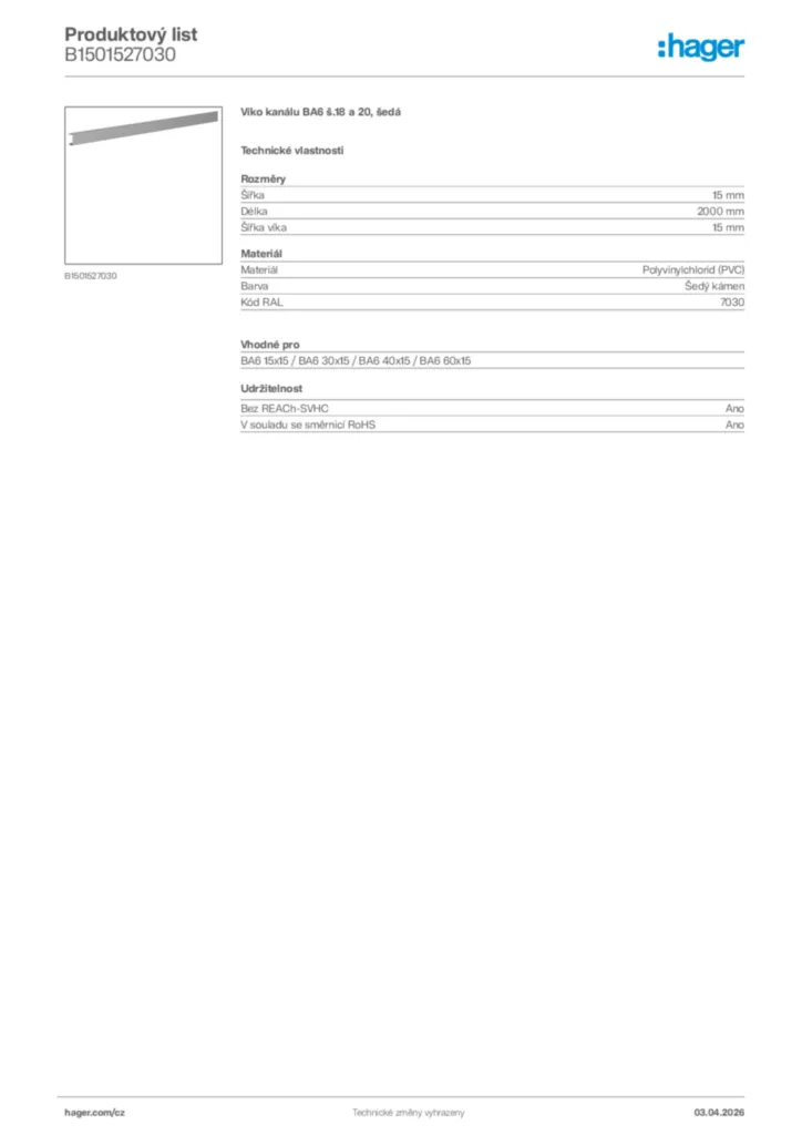 Obrázek Hager Product data sheet B1501527030 | Hager