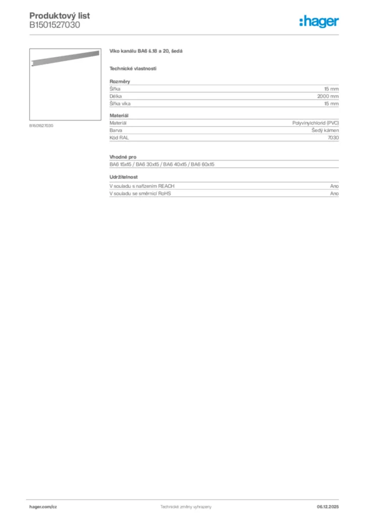Obrázek Hager Product data sheet B1501527030 | Hager