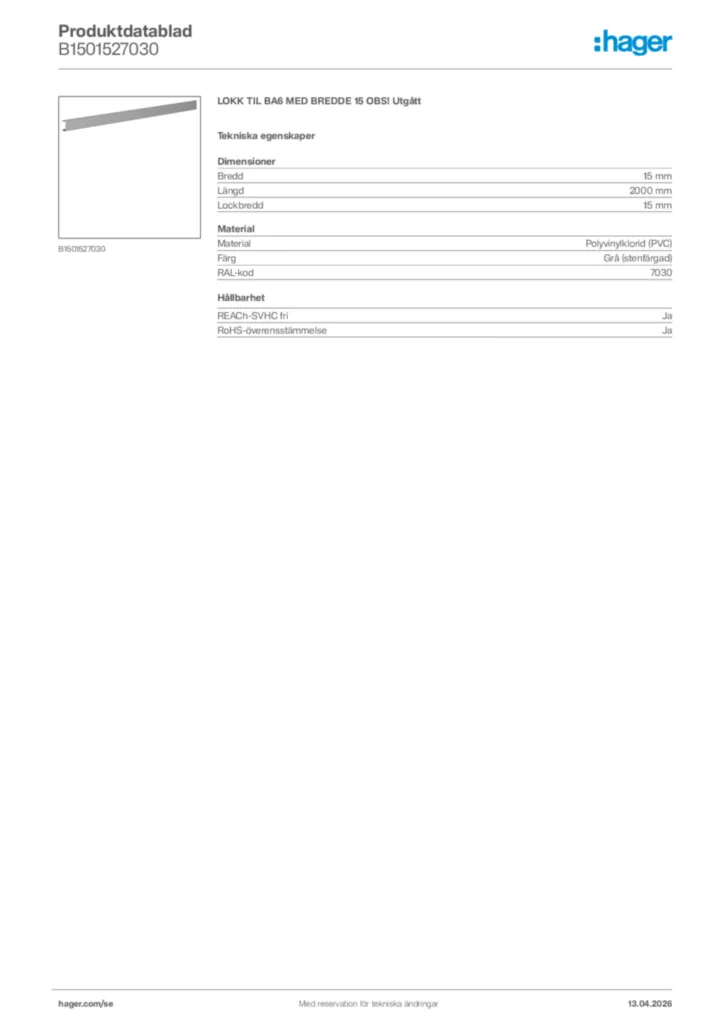 Bild Hager Produktdatablad B1501527030 | Hager Sverige