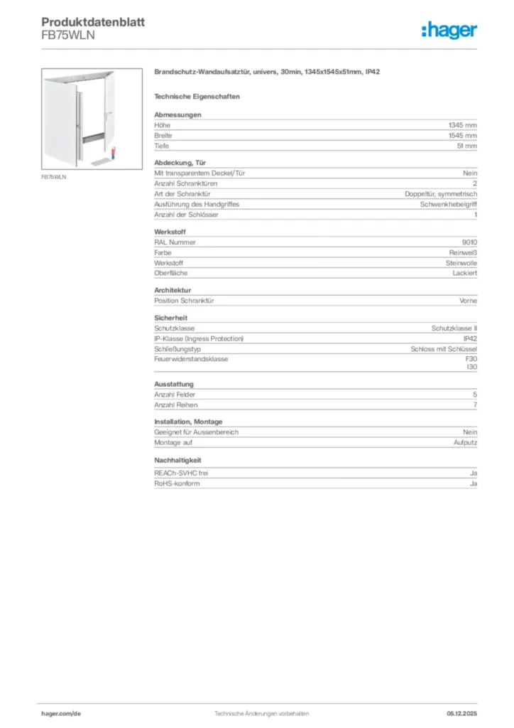 Hager Produktdatenblatt FB75WLN