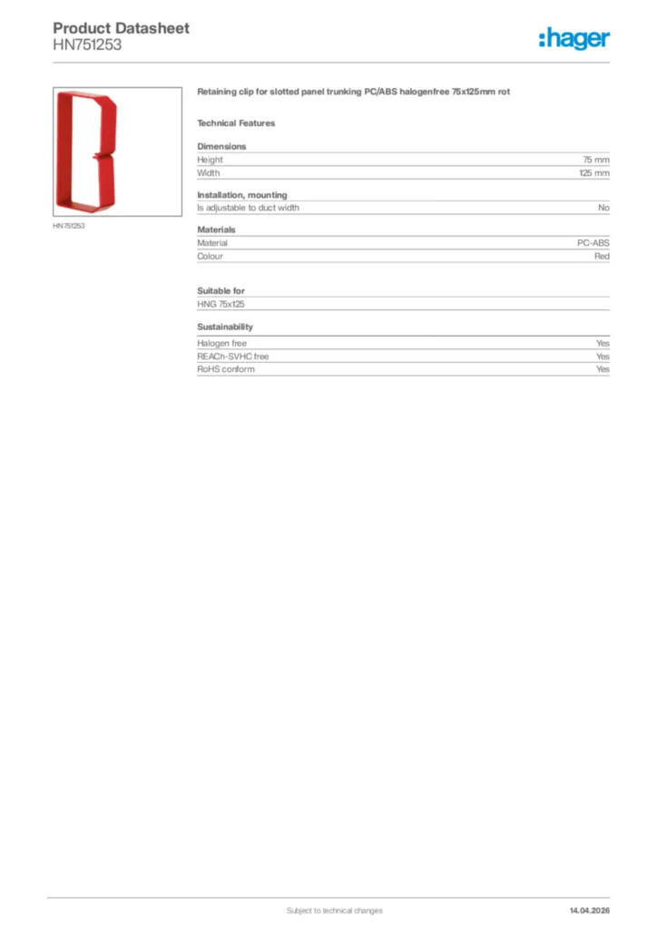 Image Hager Product data sheet HN751253  | Hager Africa