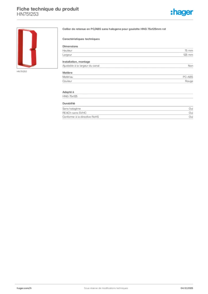 Image Hager Fiche technique du produit HN751253 | Hager France