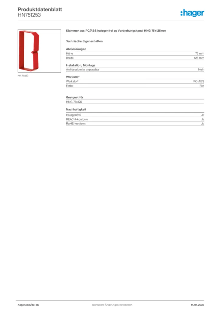 Bild Hager Produktdatenblatt HN751253 | Hager Schweiz
