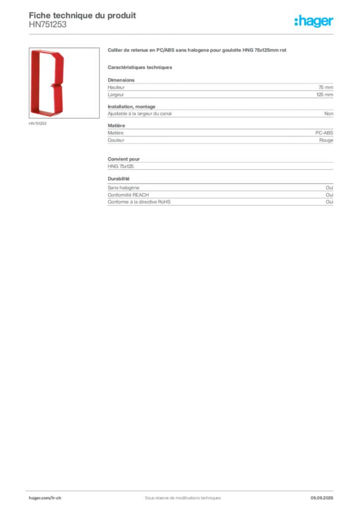 Image Hager Fiche technique du produit HN751253 | Hager Suisse