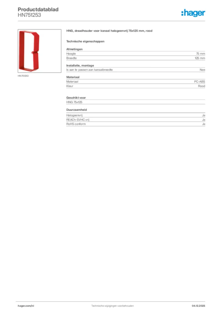 Afbeelding Hager Productdatablad HN751253 | Hager Nederland