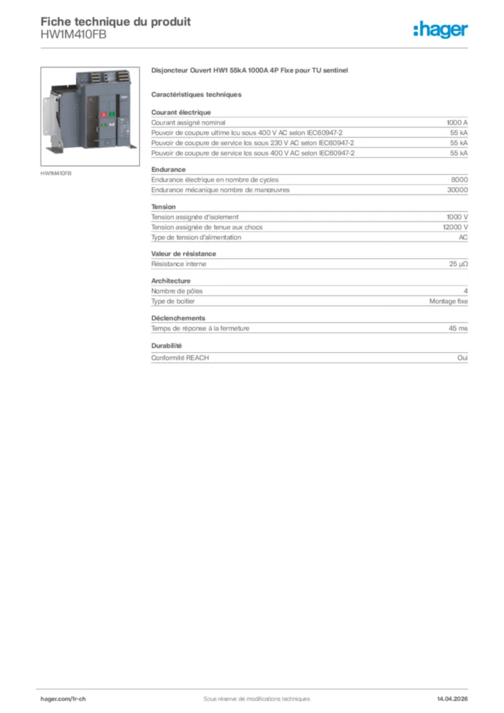 Image Hager Fiche technique du produit HW1M410FB | Hager Suisse