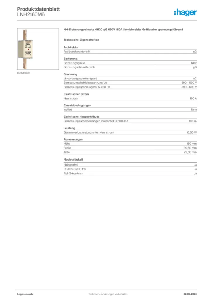Bild Hager Produktdatenblatt LNH2160M6 | Hager Deutschland