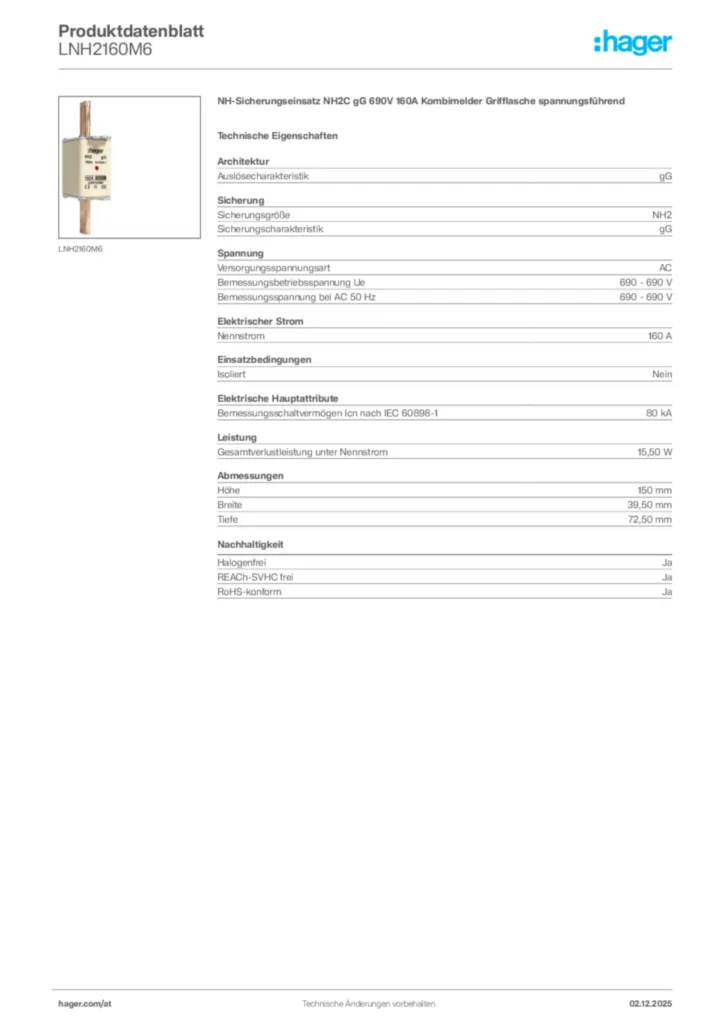 Bild Hager Produktdatenblatt LNH2160M6 | Hager Deutschland