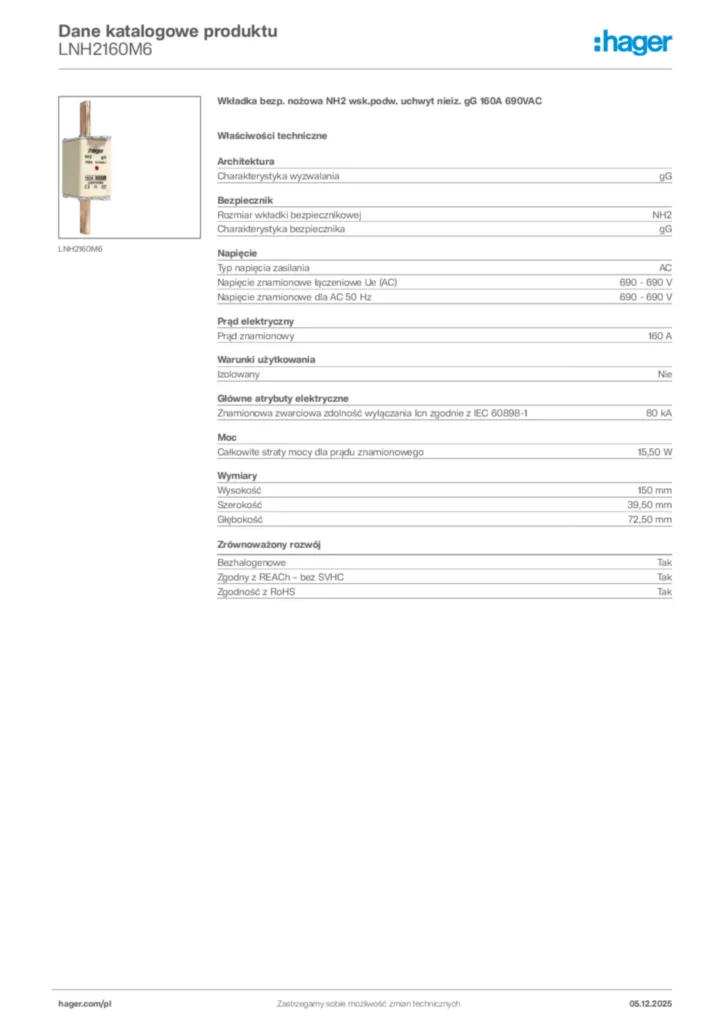 Zdjęcie Hager Dane katalogowe produktu LNH2160M6 | Hager Polska