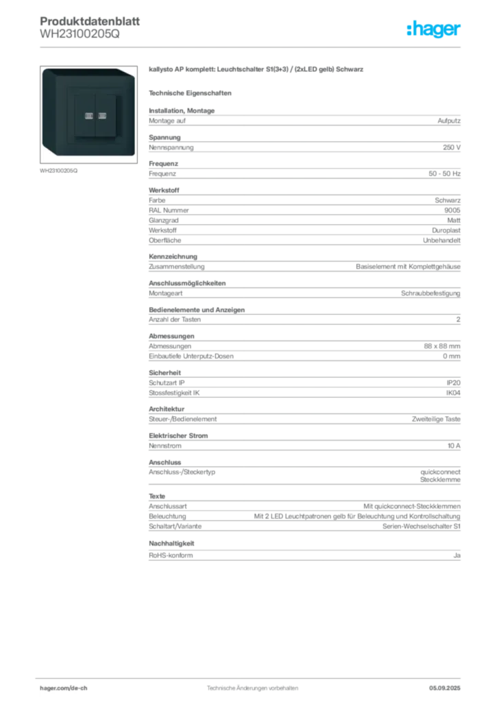 Bild Hager Produktdatenblatt WH23100205Q | Hager Schweiz