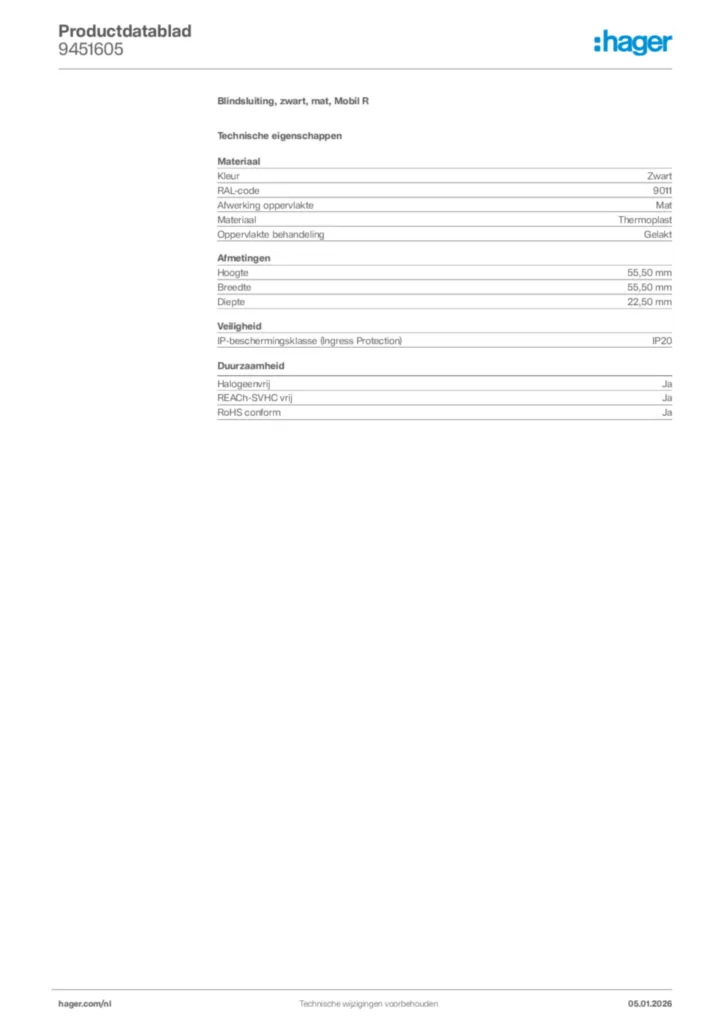 Afbeelding Hager Productdatablad 9451605 | Hager Nederland