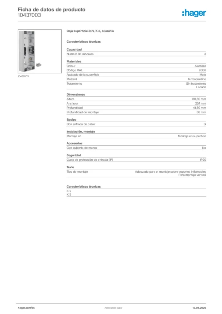 Imagen Hager Ficha de datos de producto 10437003 | Hager España