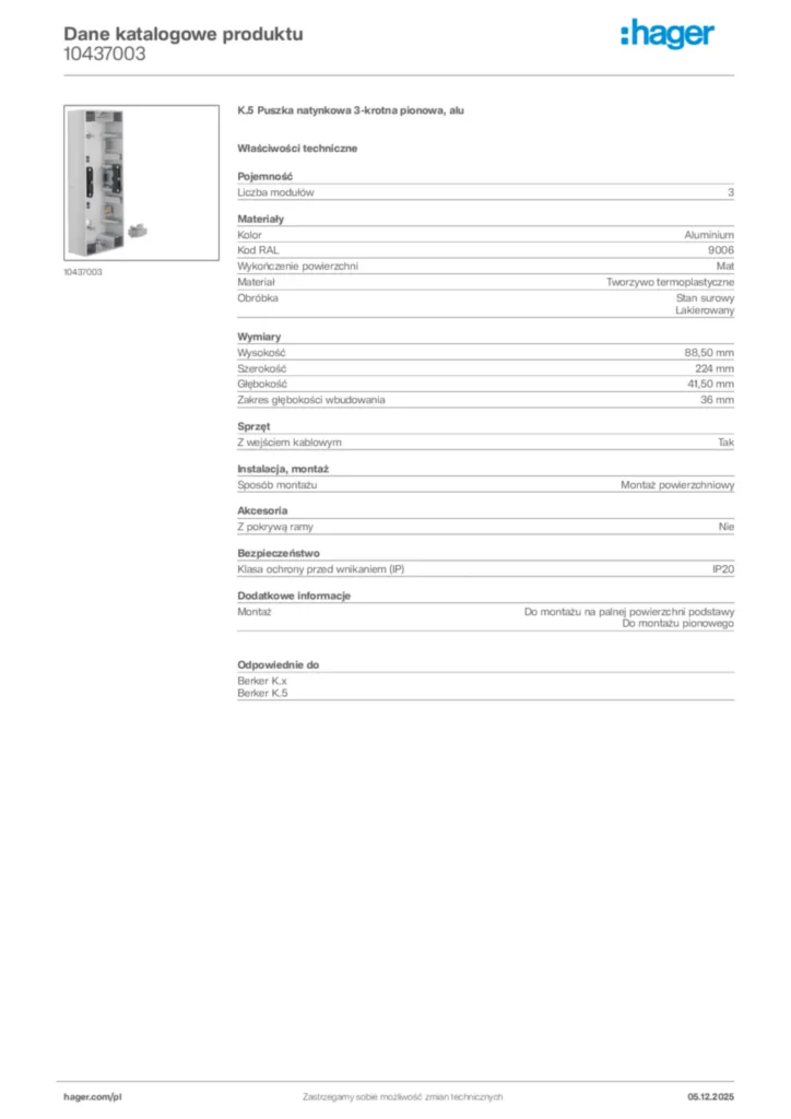 Zdjęcie Hager Karta katalogowa 10437003 | Hager Polska