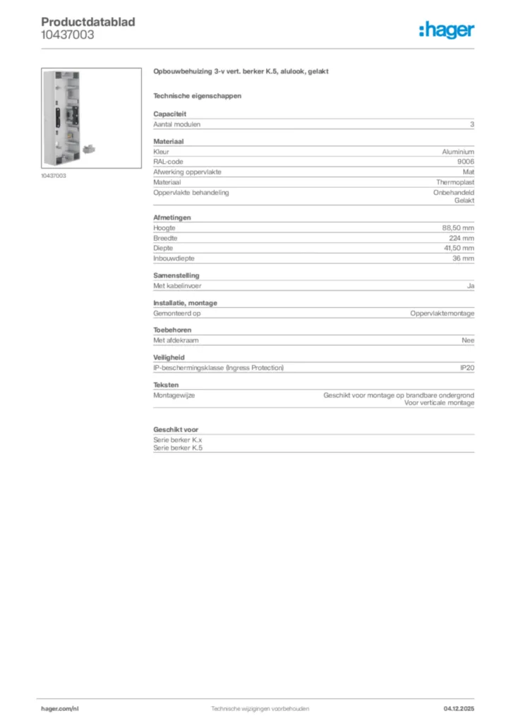 Afbeelding Hager Productdatablad 10437003 | Hager Nederland