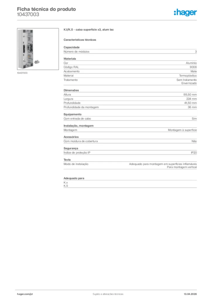 Imagem Hager Ficha técnica do produto 10437003 | Hager Portugal