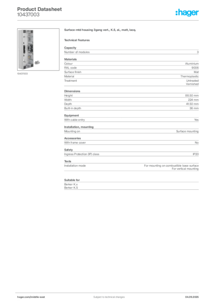 Image Hager Product data sheet 10437003  | Hager