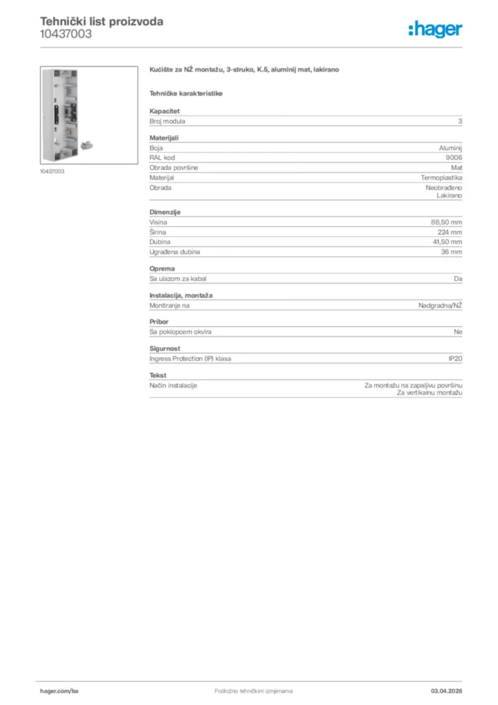 Slika Hager Tehnički list proizvoda 10437003  | Hager