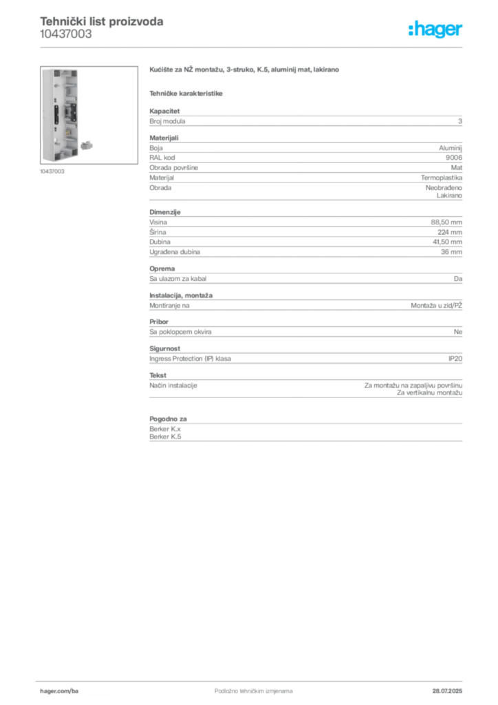 Slika Hager Product data sheet 10437003  | Hager