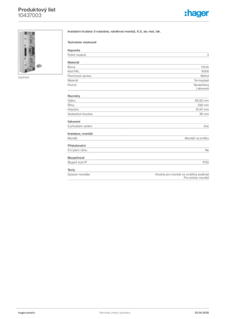 Obrázek Hager Product data sheet 10437003 | Hager