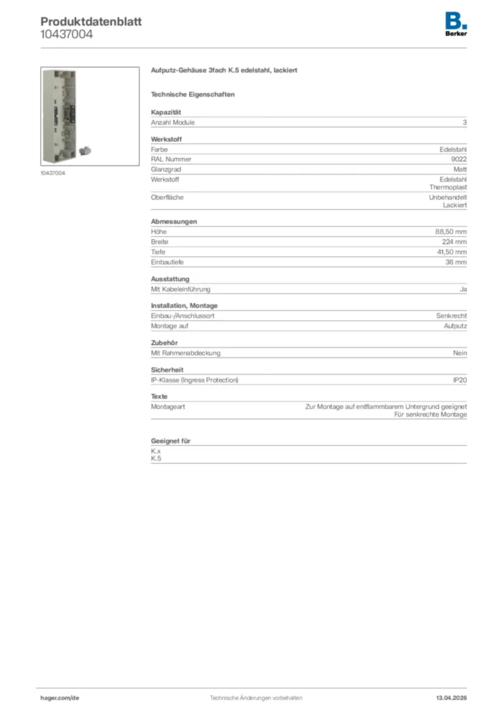 Bild Berker Produktdatenblatt 10437004 | Hager Deutschland