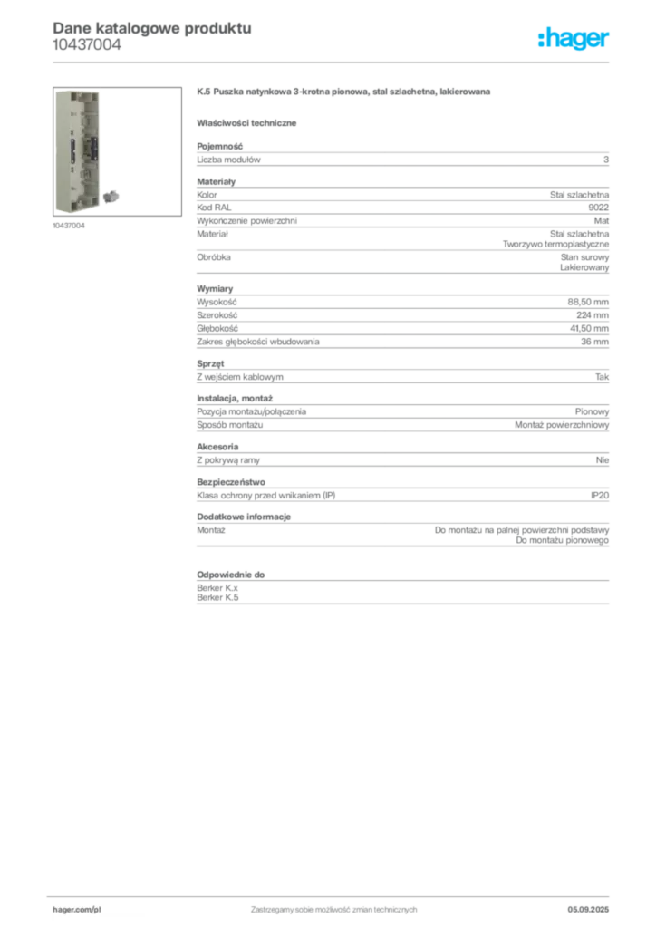 Zdjęcie Hager Dane katalogowe produktu 10437004 | Hager Polska