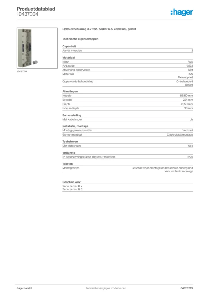 Afbeelding Hager Productdatablad 10437004 | Hager Nederland