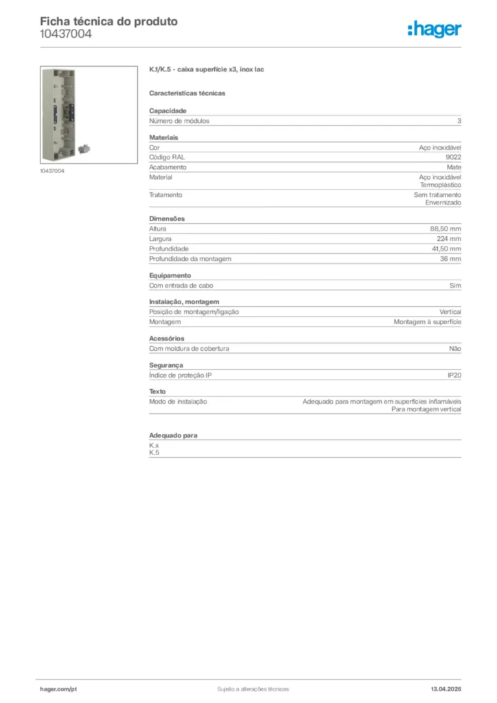 Imagem Hager Ficha técnica do produto 10437004 | Hager Portugal