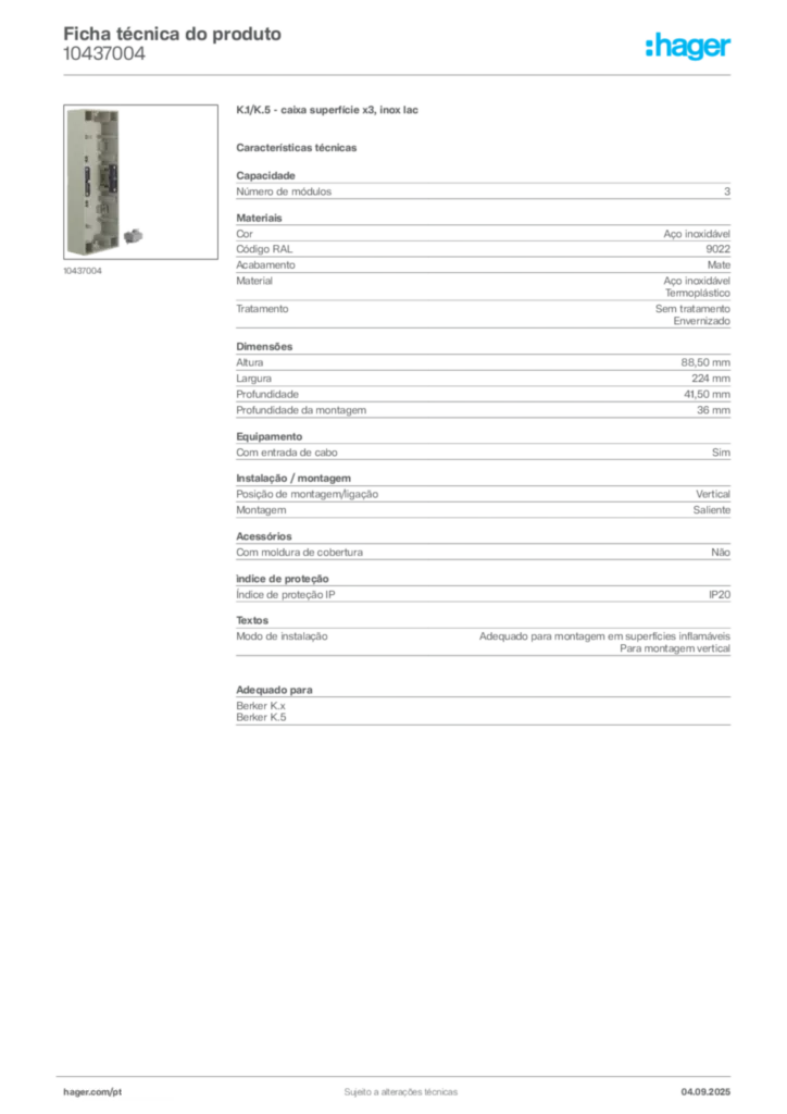 Imagem Hager Ficha técnica do produto 10437004 | Hager Portugal