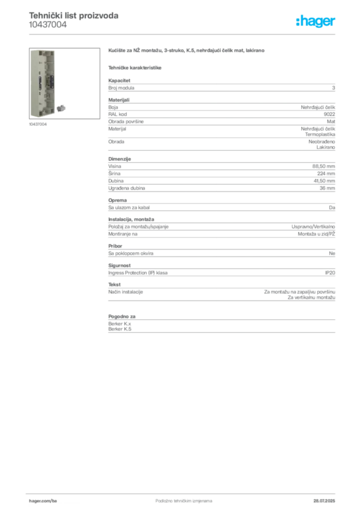 Slika Hager Product data sheet 10437004  | Hager