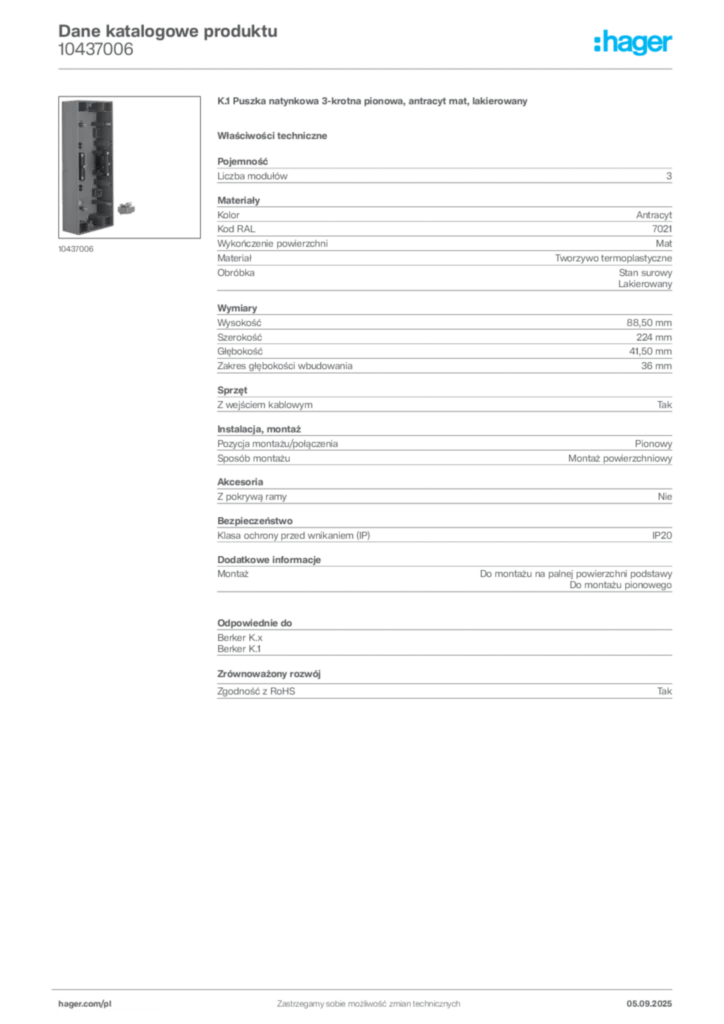 Zdjęcie Hager Dane katalogowe produktu 10437006 | Hager Polska