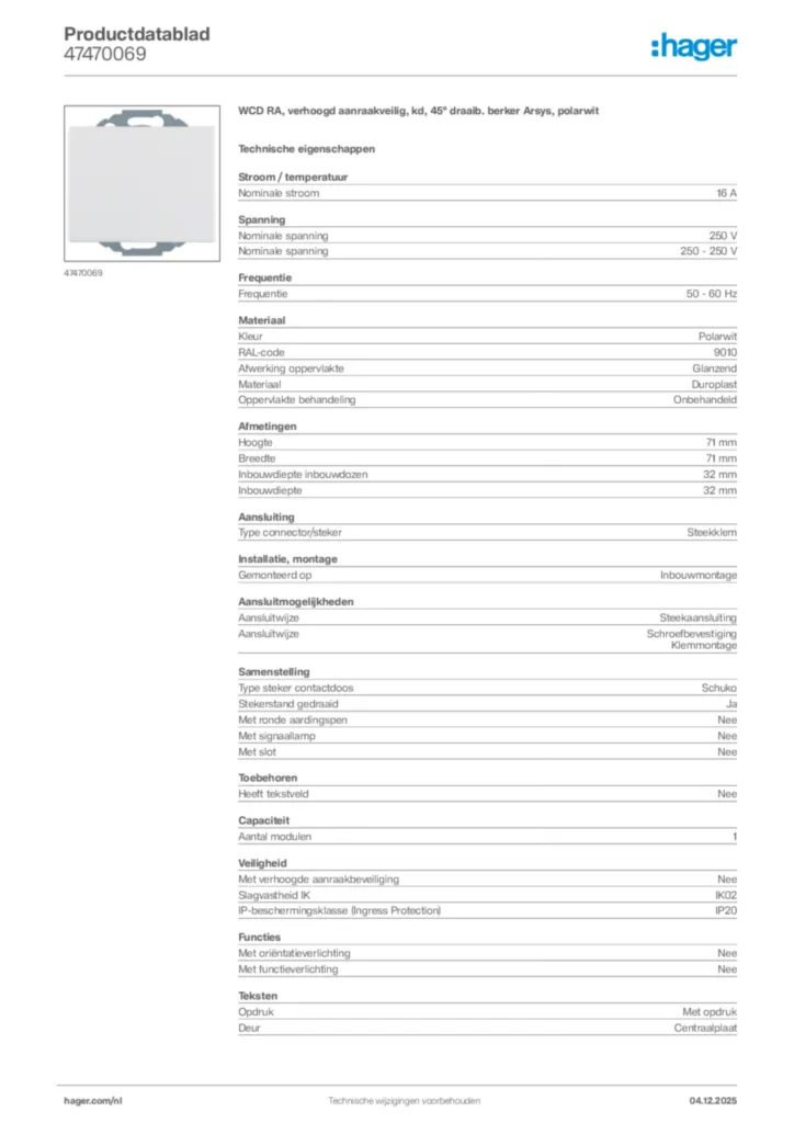 Afbeelding Hager Productdatablad 47470069 | Hager Nederland